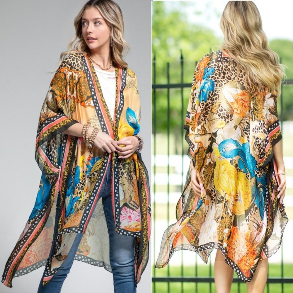 Bohemian Floral Print Kimono w Side Slits - Stunning Colors - Perfect for Spring
